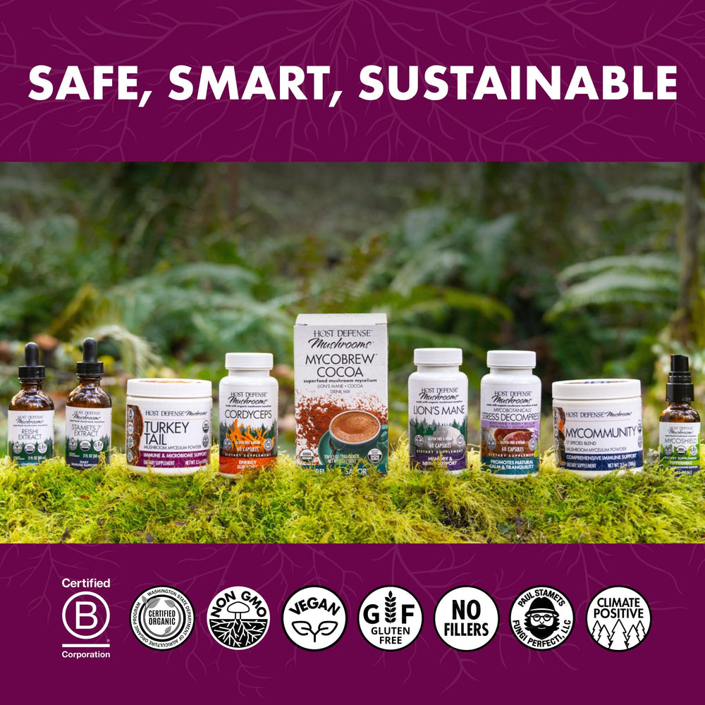 Host Defense etiqueta con información de ingredientes y certificaciones