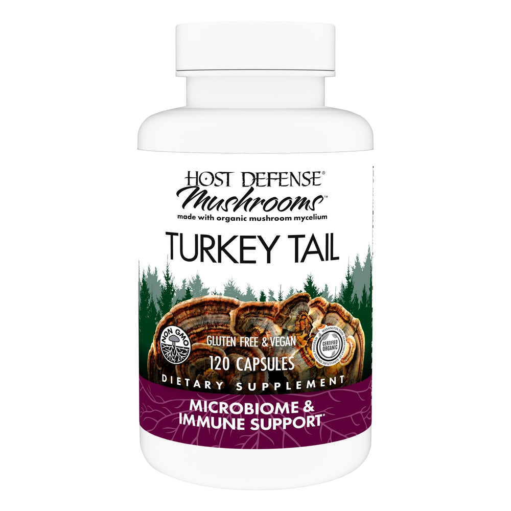 Host Defense botella frontal mostrando Turkey Tail y beneficios de apoyo digestivo
