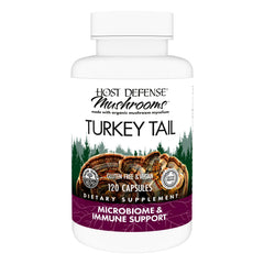 Host Defense botella frontal mostrando Turkey Tail y beneficios de apoyo digestivo