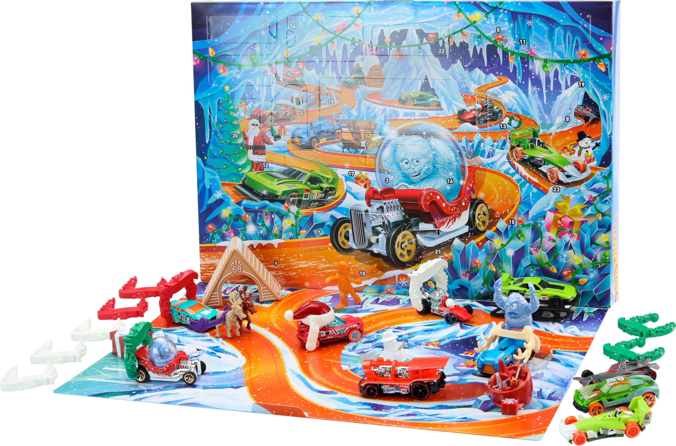 Hot Wheels accesorios invernales como trineo y casa de jengibre para escenas navideñas