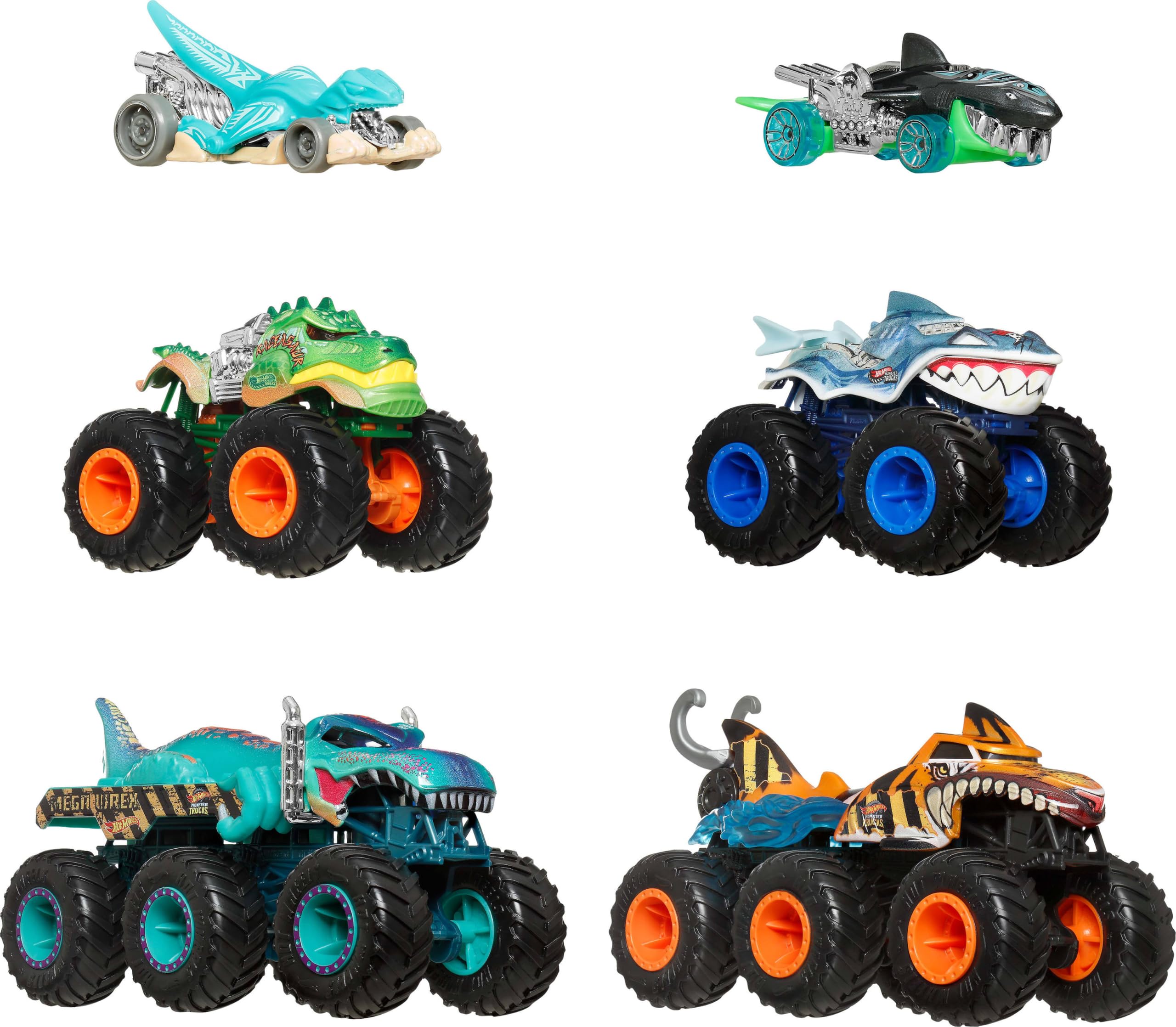 Hot Wheels frontal del paquete Sharks vs. Dinos mostrando 8 vehículos listos para jugar