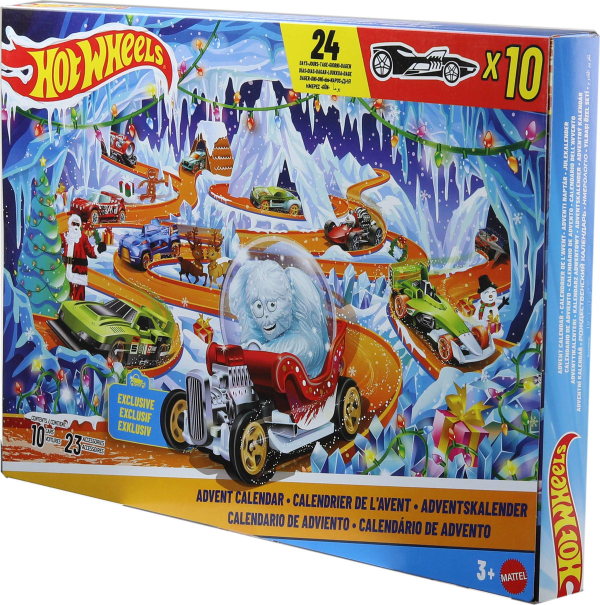 Hot Wheels frontal del paquete del calendario mostrando puertas numeradas y diseño festivo