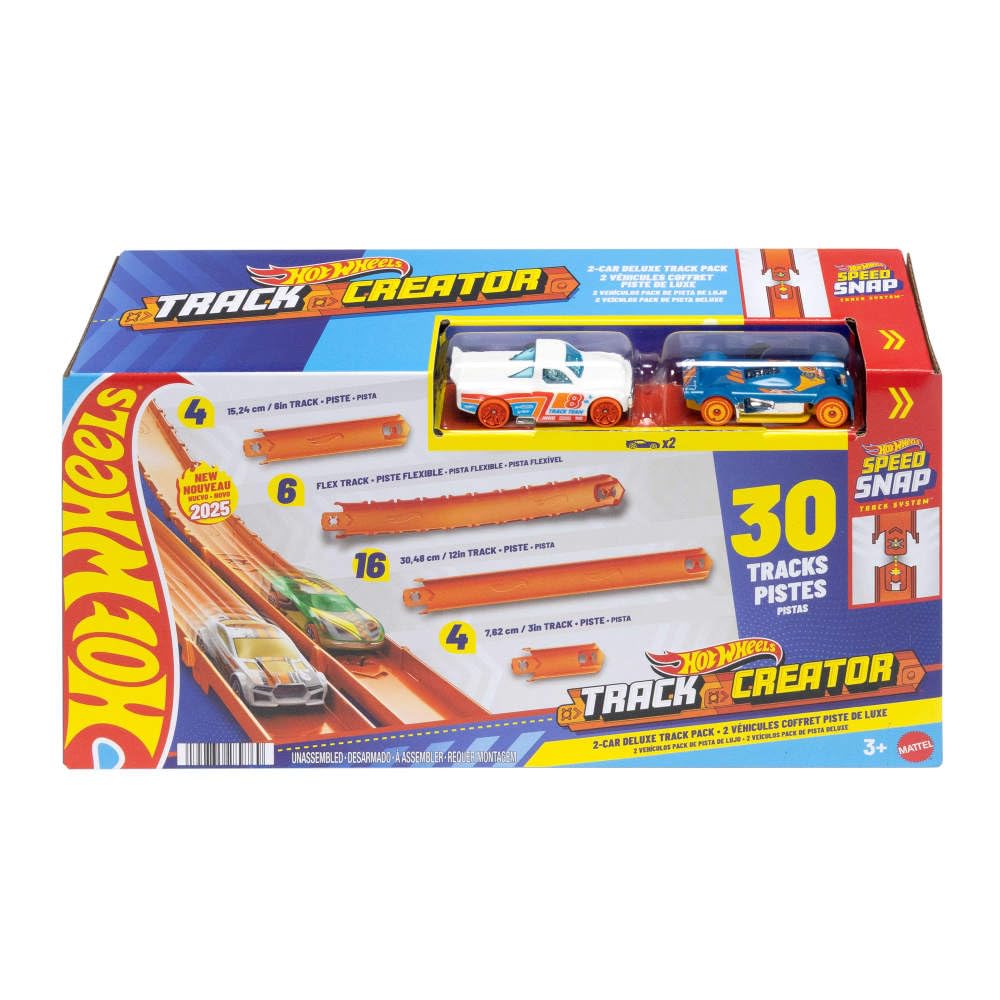 Hot Wheels pack deluxe frontal mostrando 25 pies de pista y coches incluidos, listo para jugar