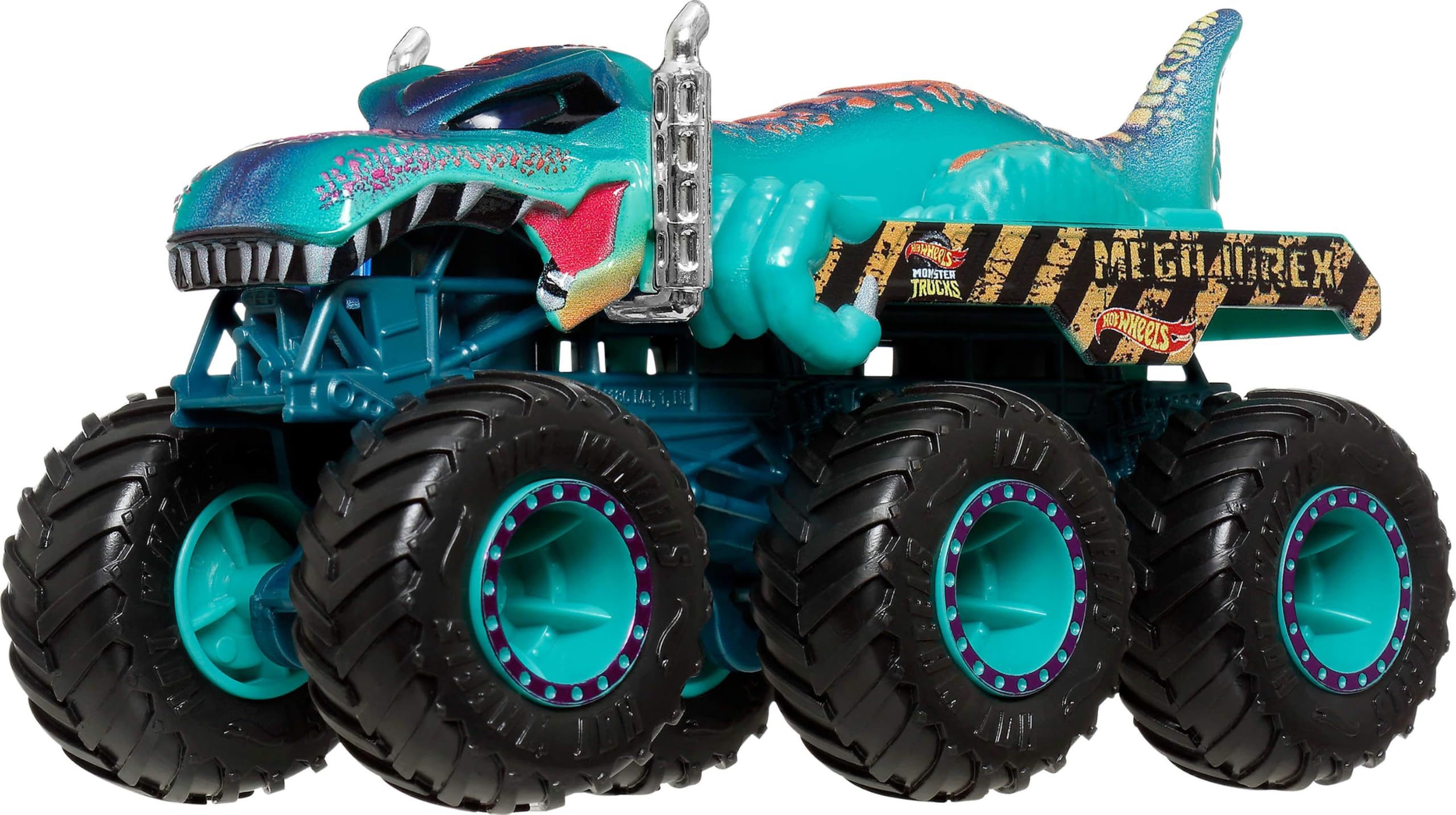 Hot Wheels Tiger Shark Big Rig en primer plano con seis ruedas para empuje y estabilidad