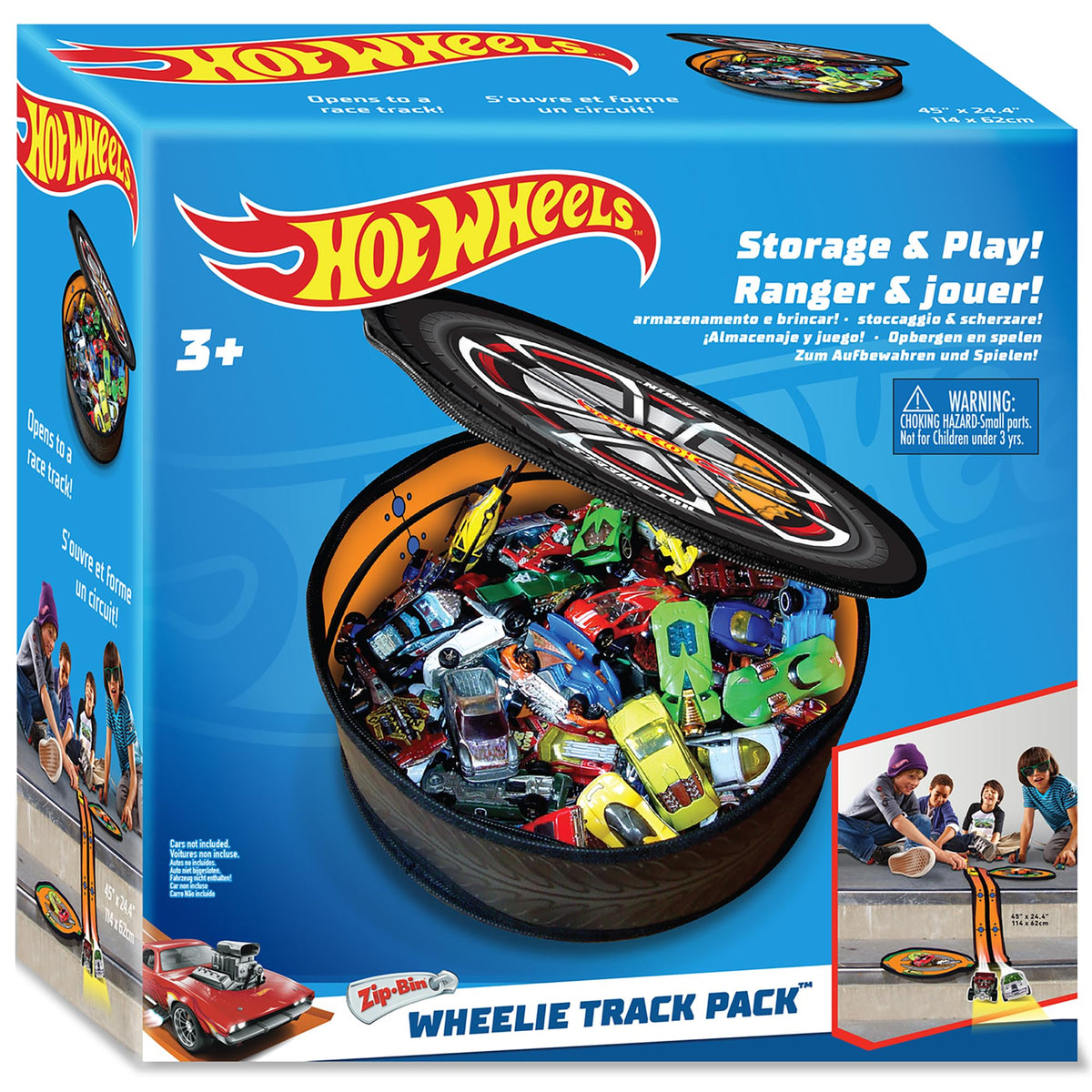 Hot Wheels ZipBin Wheelie frontal muestra diseño y capacidad