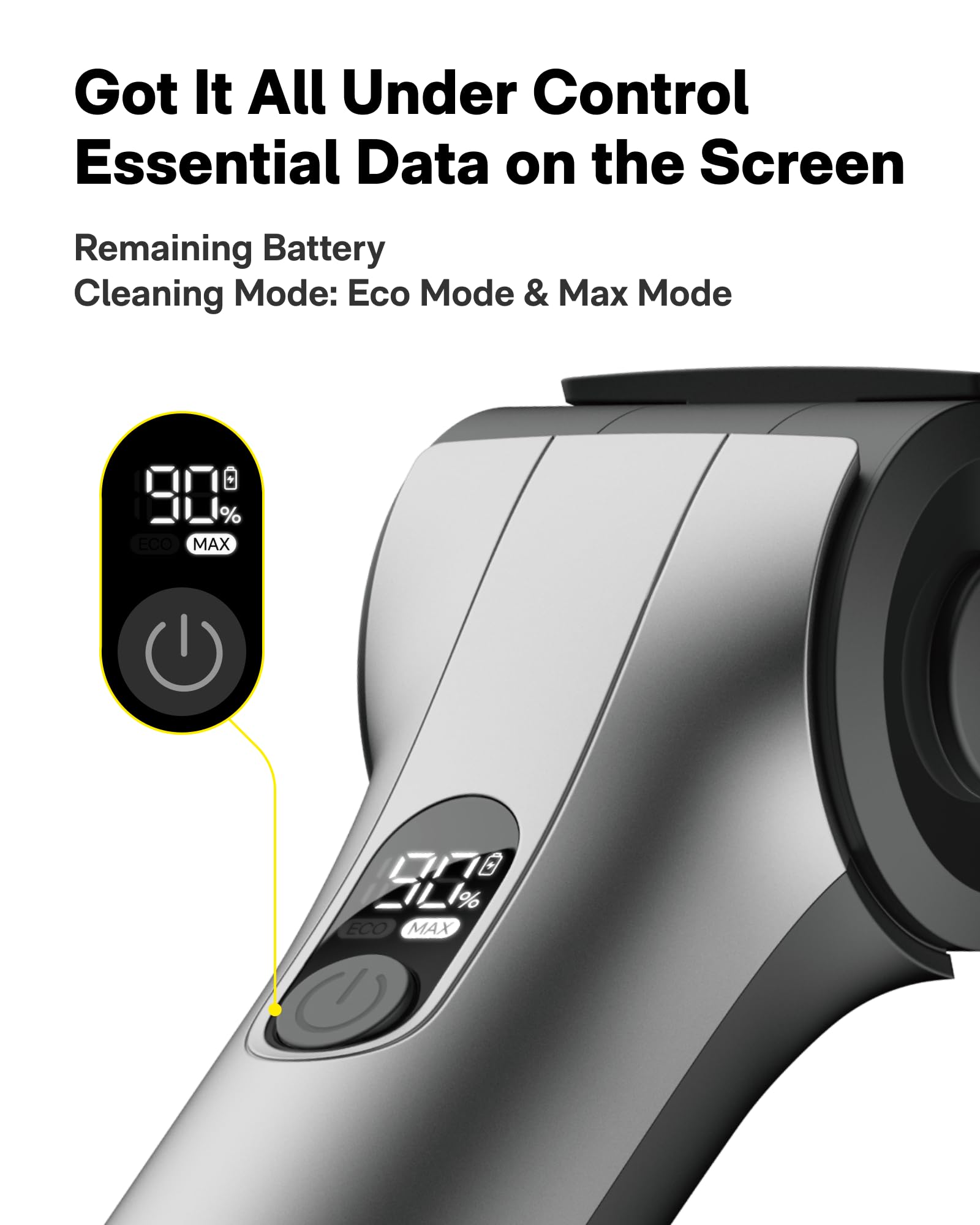 HOTO smart display showing battery and speed to monitor cleaning progress