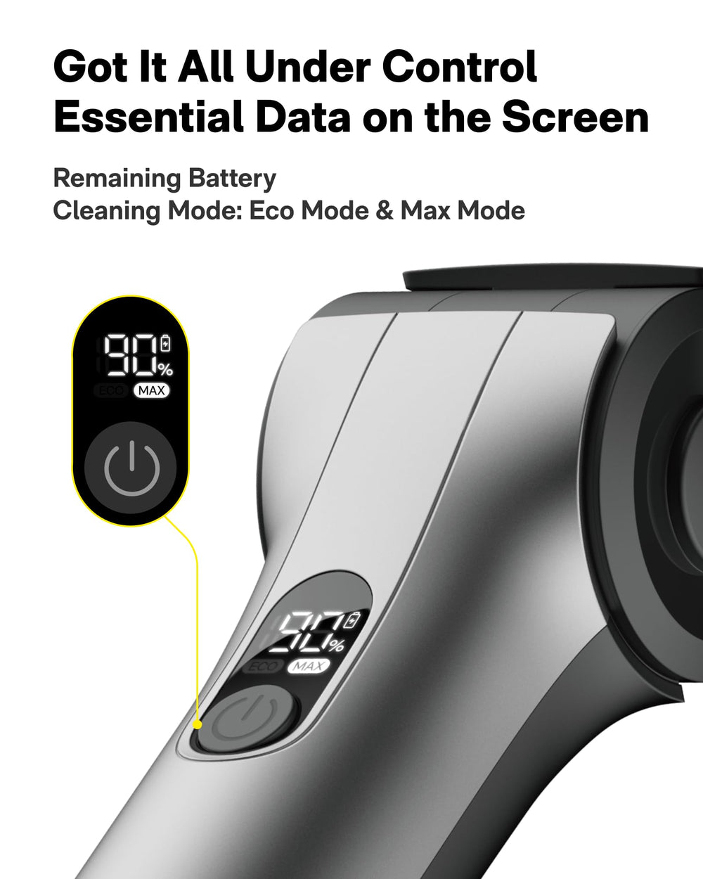 HOTO smart display showing battery and speed to monitor cleaning progress