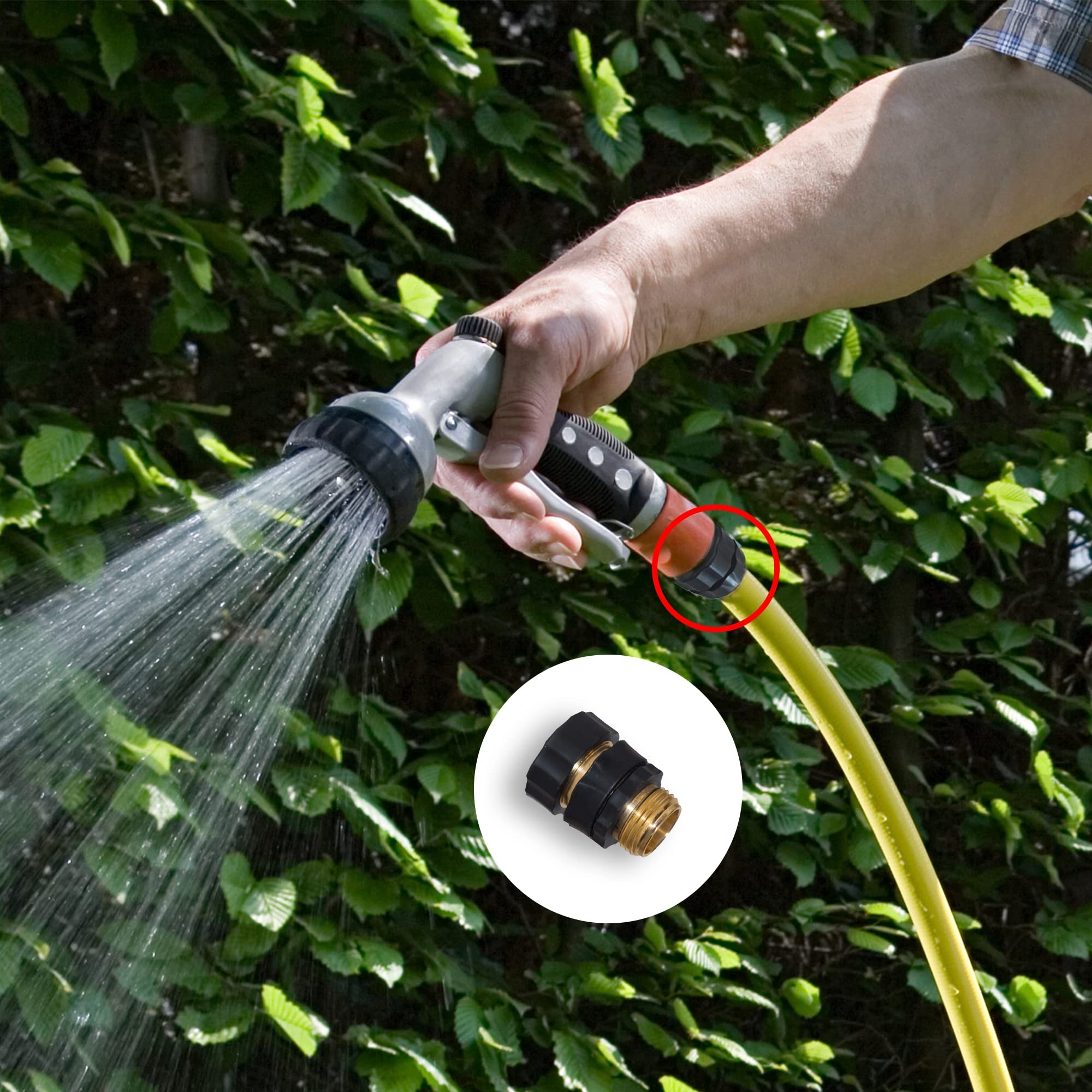 Hourleey escenario de jardín con conectores en funcionamiento para riego eficiente
