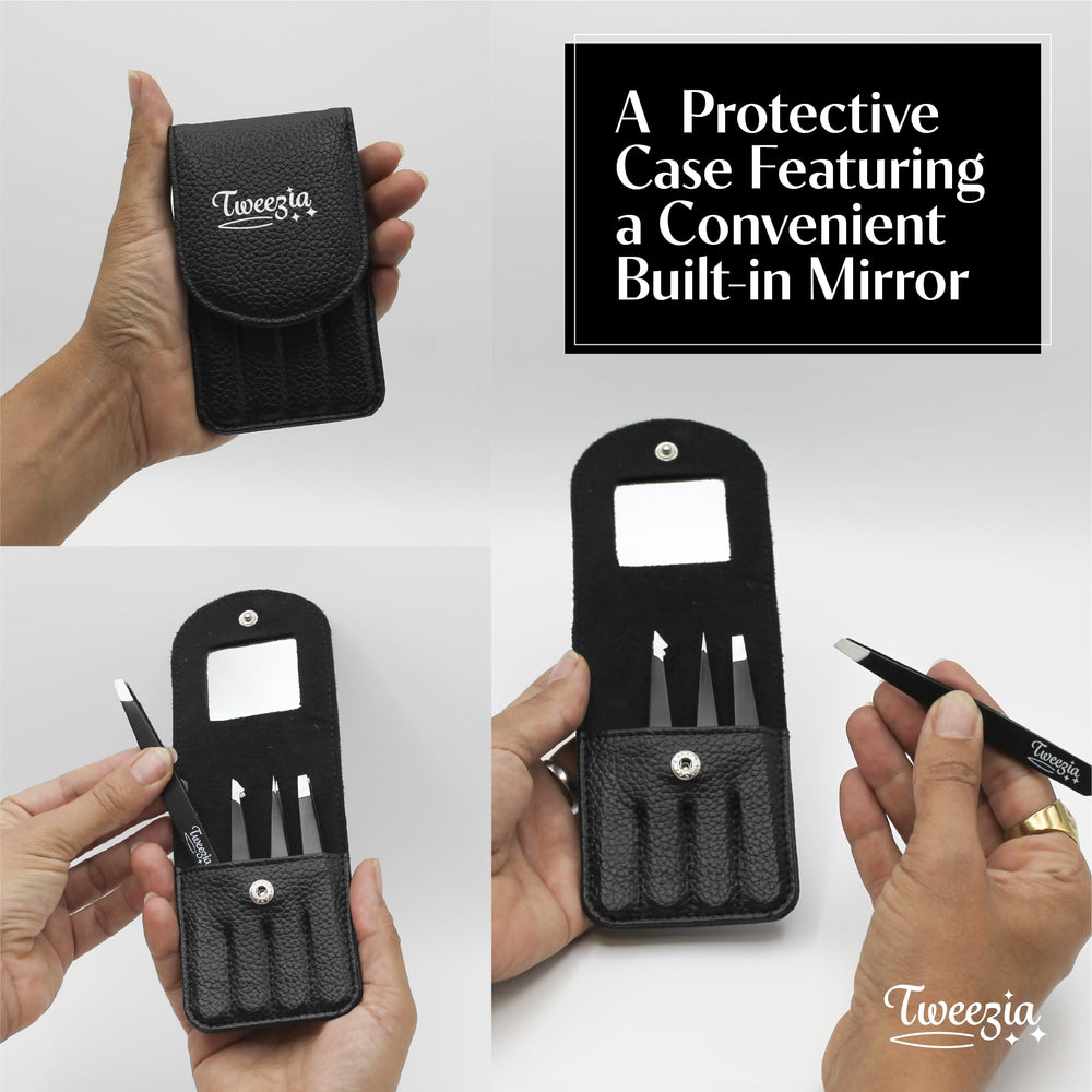 Houseify TWEEZIA espejo integrado siendo usado para retoques rápidos en viajes