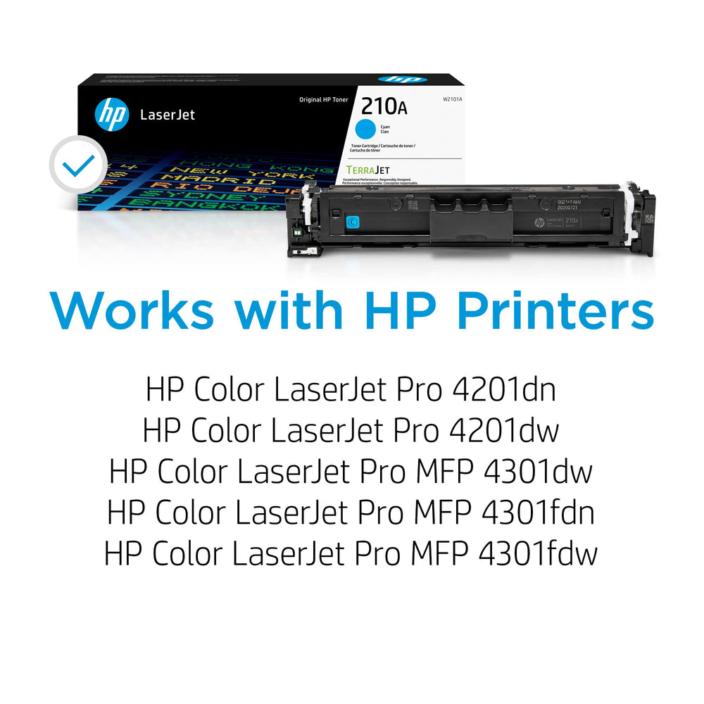 HP 210A cyan cartridge side label visible with model number and compatibility for clarity