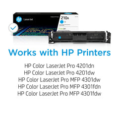 HP 210A cyan cartridge side label visible with model number and compatibility for clarity