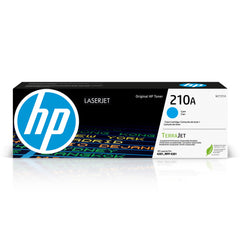 HP 210A cyan front packaging showing cartridge brand and secure seal for reliability