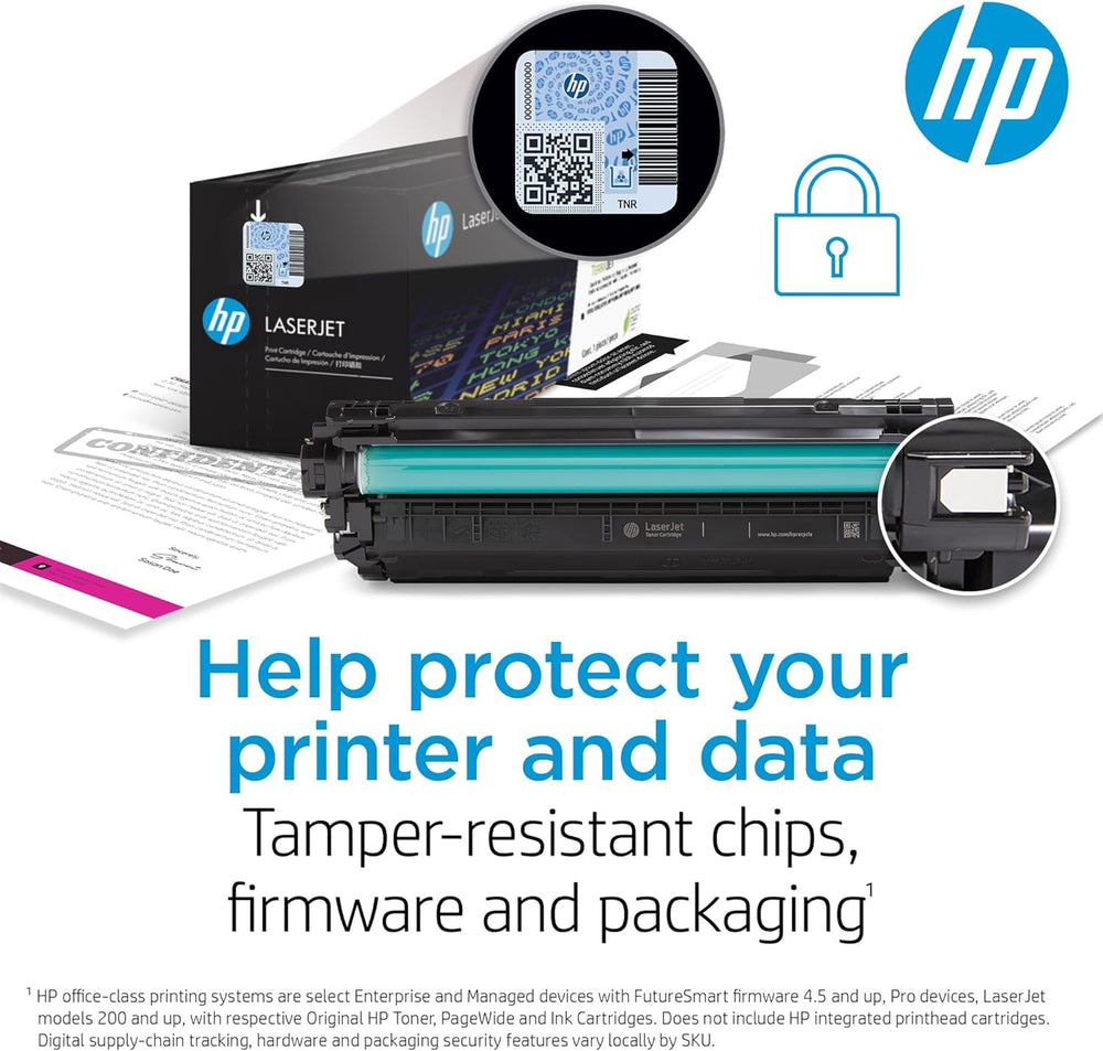 Office desk with HP Color LaserJet Pro and 210A pack showing professional results