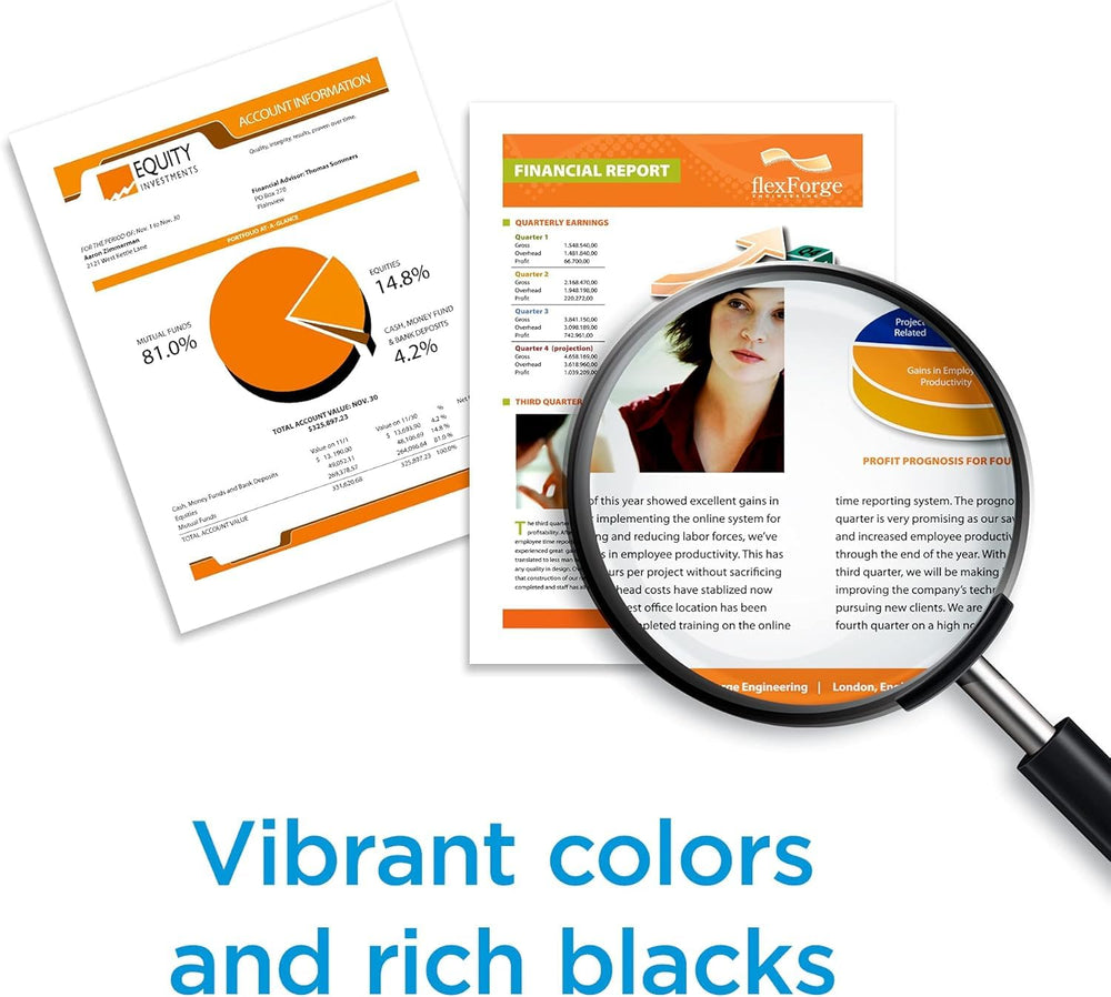 Printed sample sheet from HP cartridges showing vibrant, accurate colors