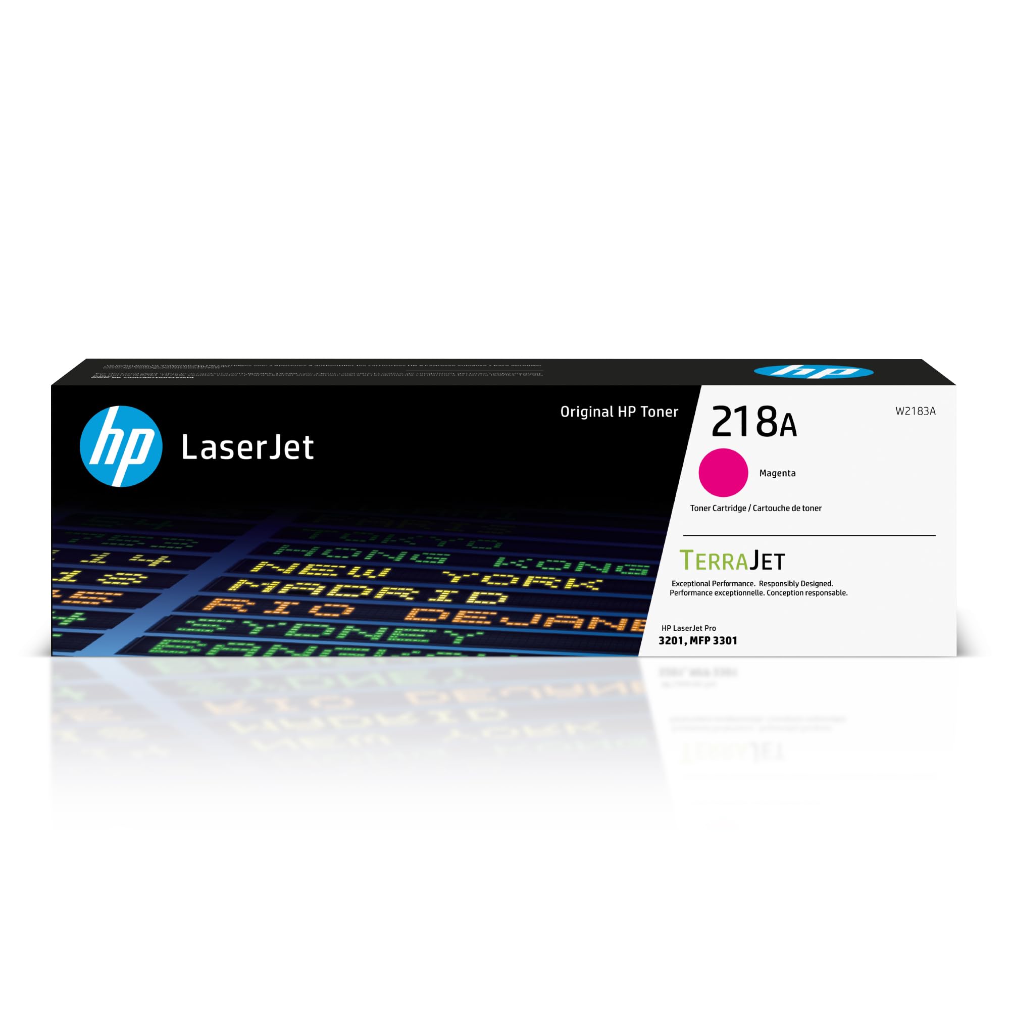 HP 218A front packaging showing magenta cartridge and clear compatibility benefits