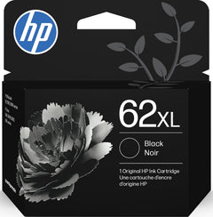 HP cartucho 62XL frente del empaque mostrando marca y compatibilidad, garantía de calidad