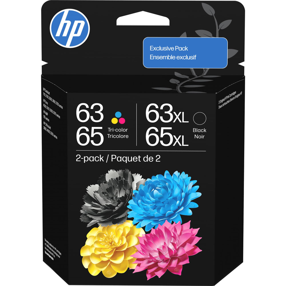HP 63/65 two-pack front packaging showing brand and contents benefit clarity