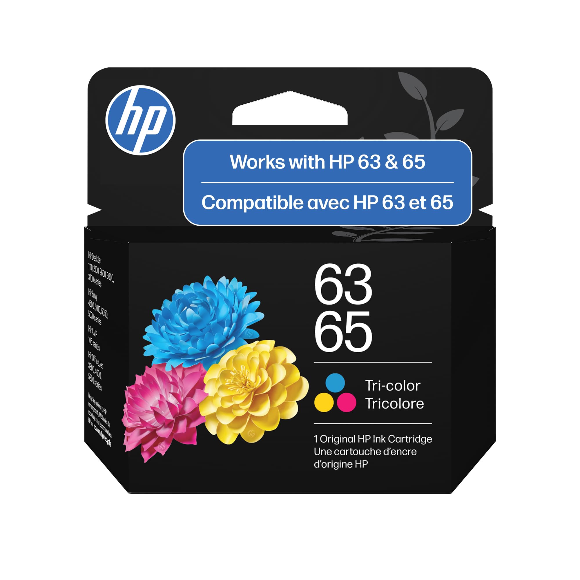 HP cartucho 63/65 frontal mostrando el empaque y compatibilidad