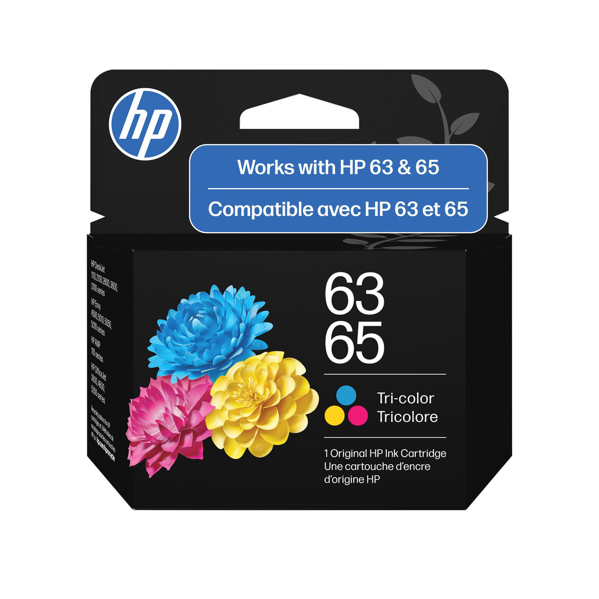 HP cartucho 63/65 frontal mostrando el empaque y compatibilidad