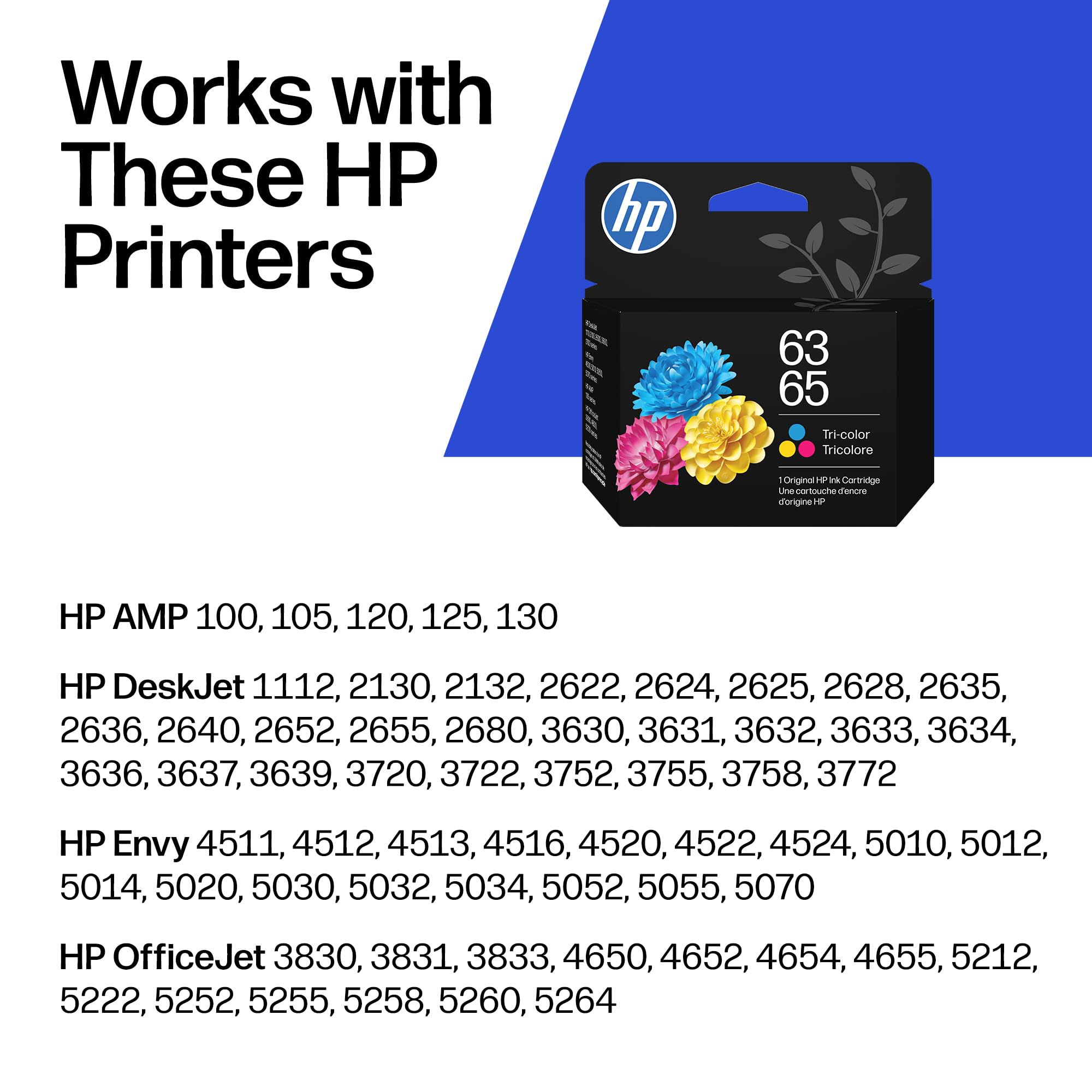 HP cartucho 63/65 gota de tinta tri-color mostrando tonos vivos