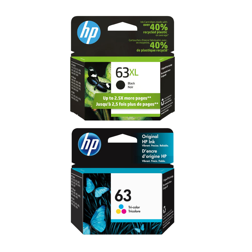 HP 63XL black and 63 tri-color front packaging showing included cartridges and benefits