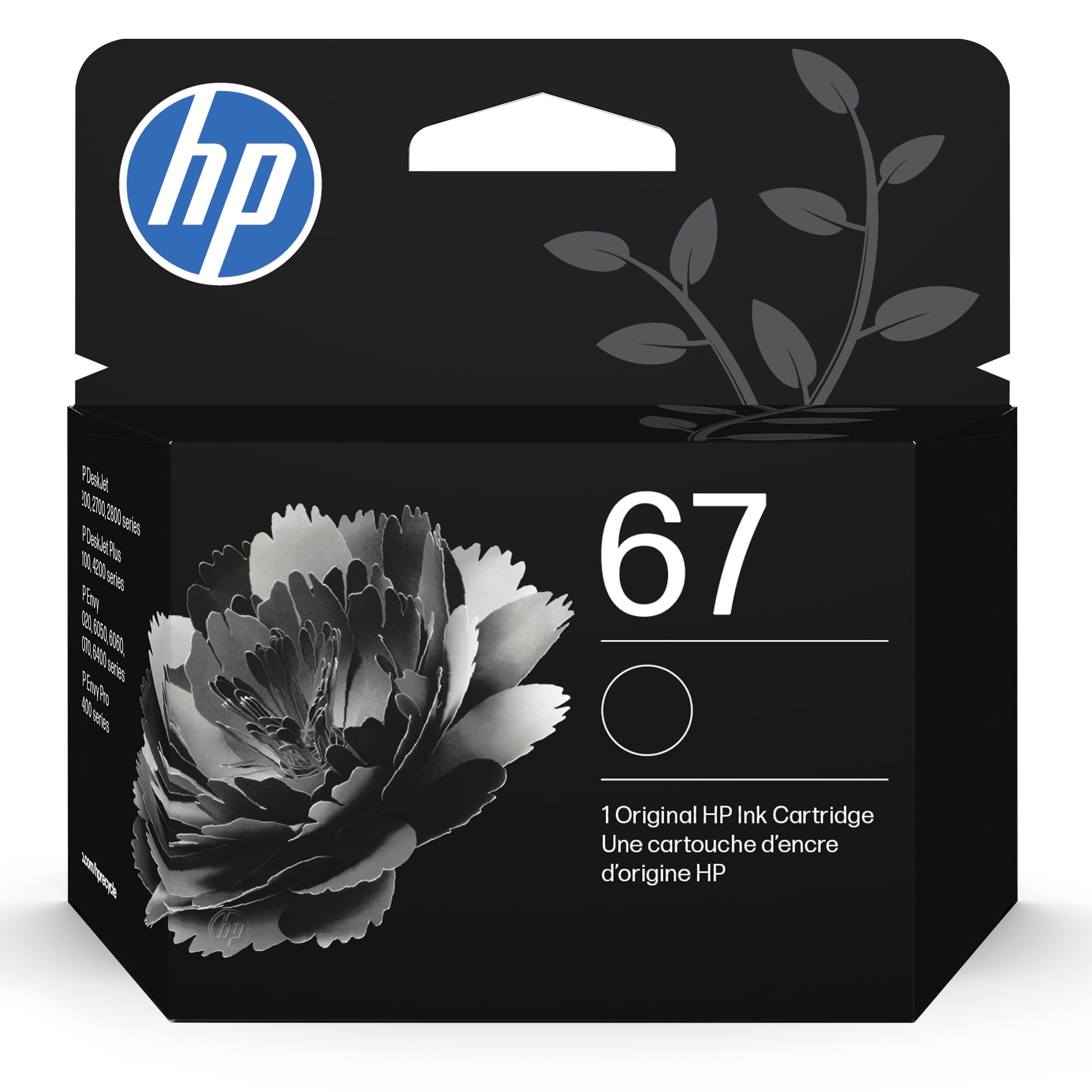 HP cartucho 67 frontal del empaque mostrando compatibilidad y modelo