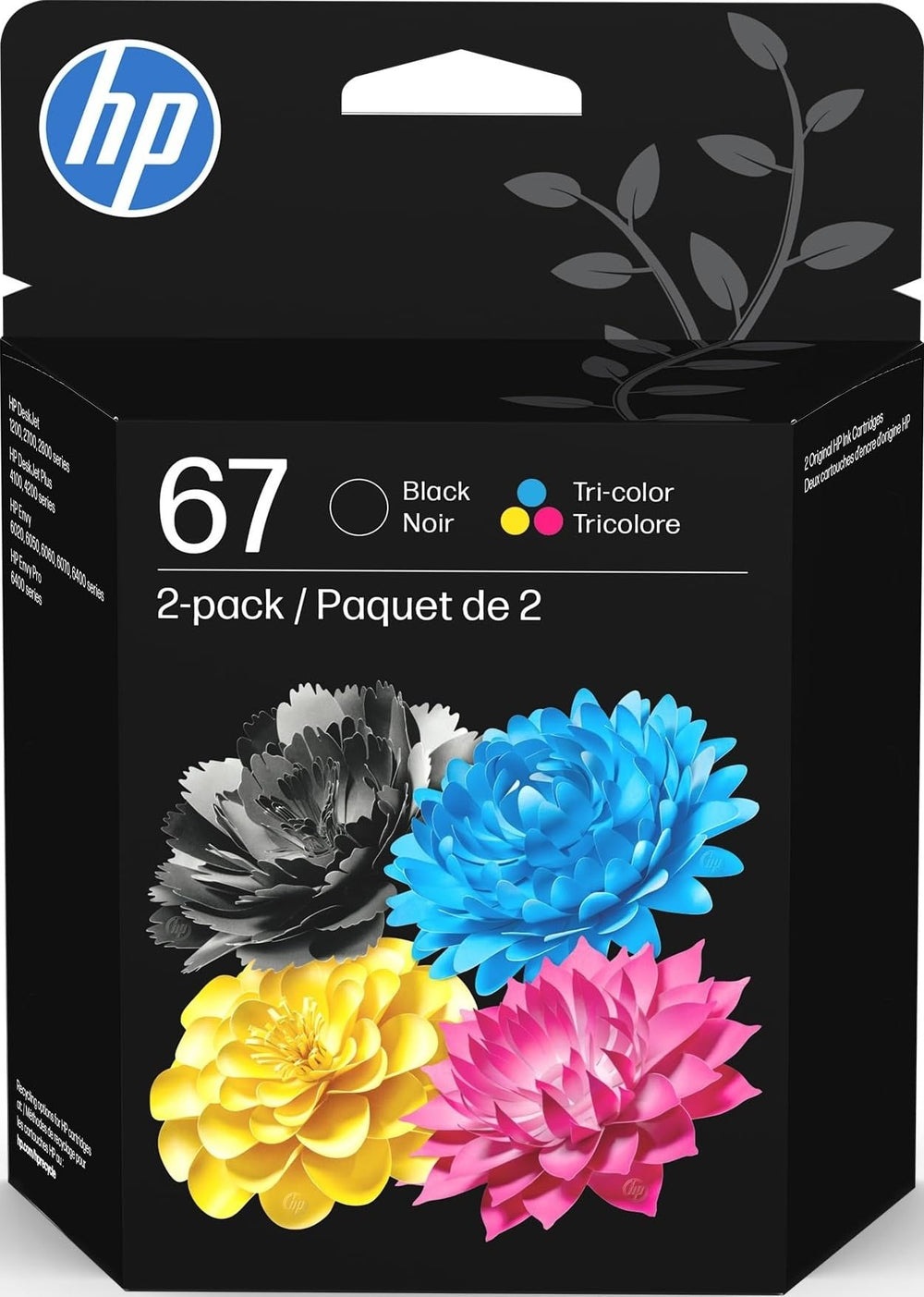 HP pack HP 67 frontal del empaque mostrando compatibilidad y conveniencia