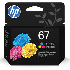 HP cartucho 67 tricolor frontal mostrando el empaque y referencia 3YM55AN
