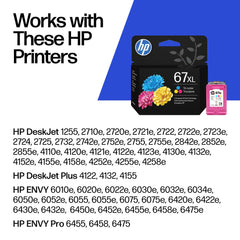 HP cartucho 67XL detalle de etiqueta con información del modelo y ventajas
