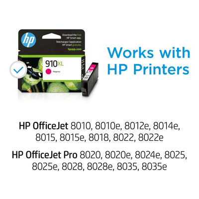 Close-up of HP 910XL magenta label with clear model and compatibility info