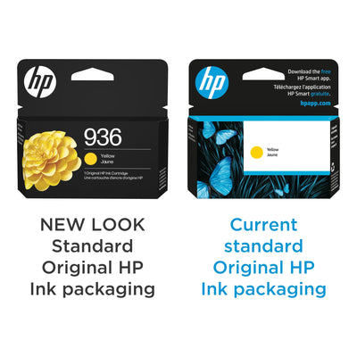 HP 936 yellow cartridge installed inside an OfficeJet printer delivering reliability
