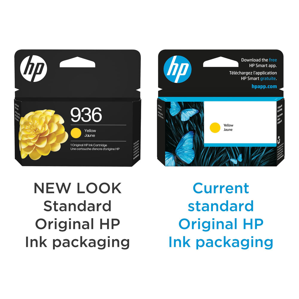 HP 936 yellow cartridge installed inside an OfficeJet printer delivering reliability