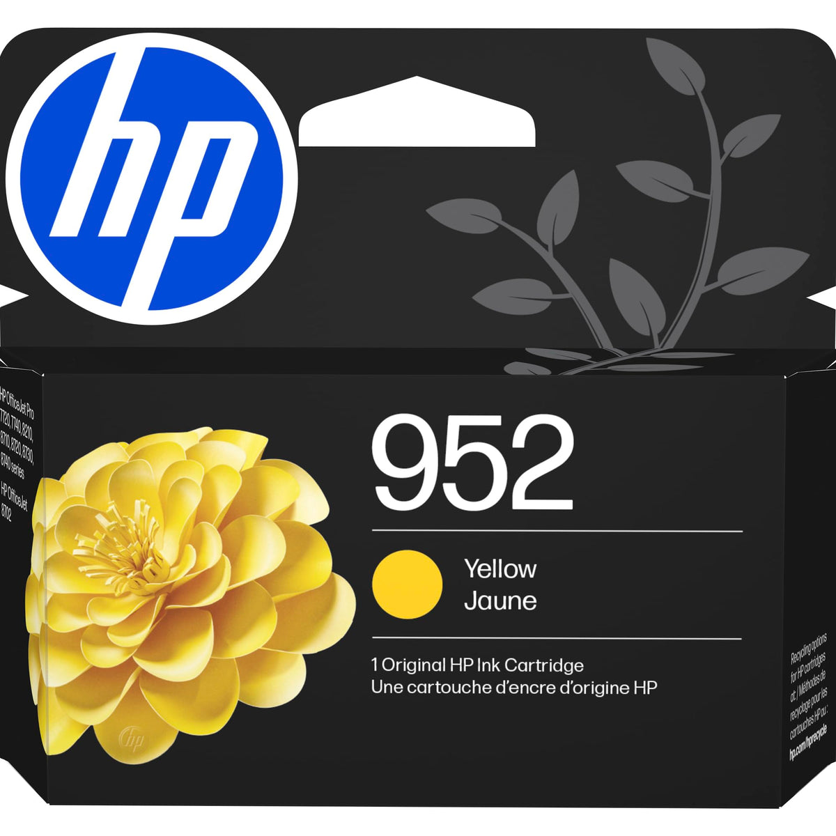 HP cartucho 952 amarillo frontal mostrando diseño y marca, color fiable