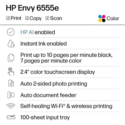 HP Envy 6555e touchscreen close-up showing intuitive color controls for quick tasks