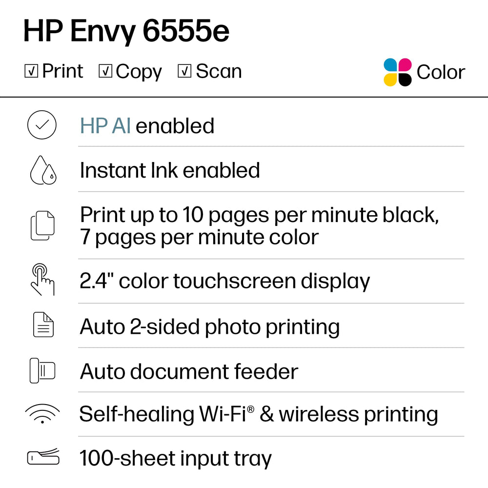 HP Envy 6555e touchscreen close-up showing intuitive color controls for quick tasks