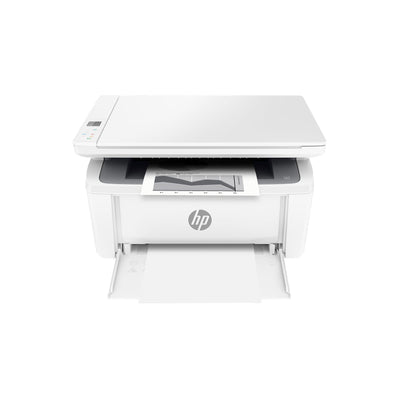 HP LaserJet M140w front view showing compact design and fast printing benefit