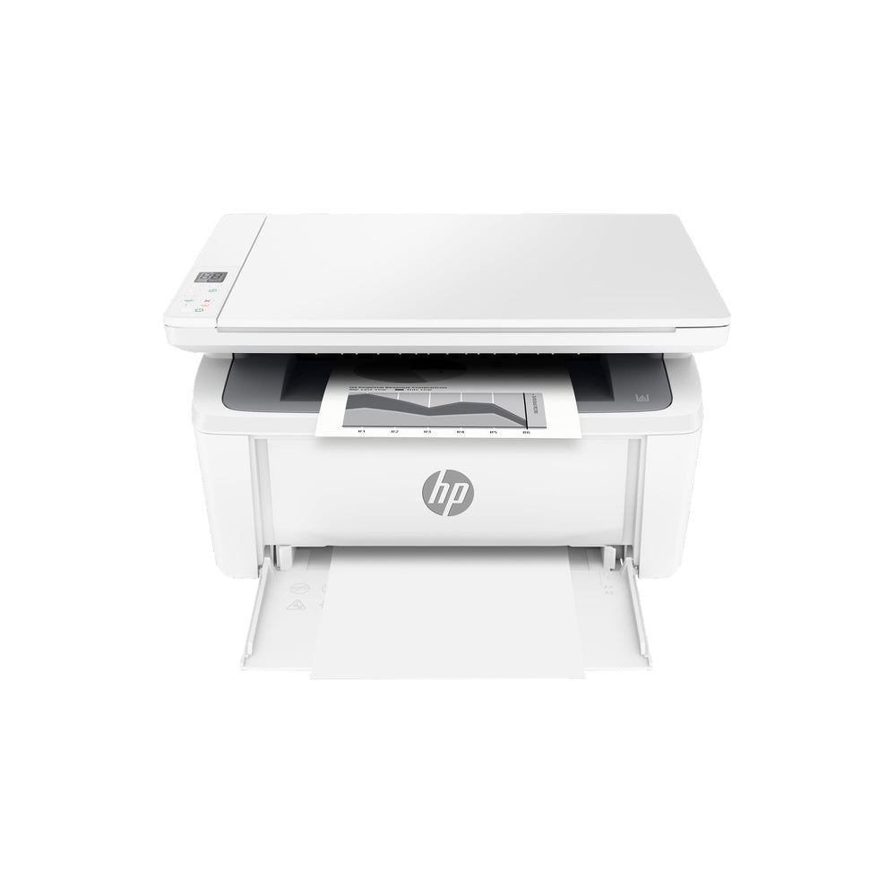 HP LaserJet M140w front view showing compact design and fast printing benefit