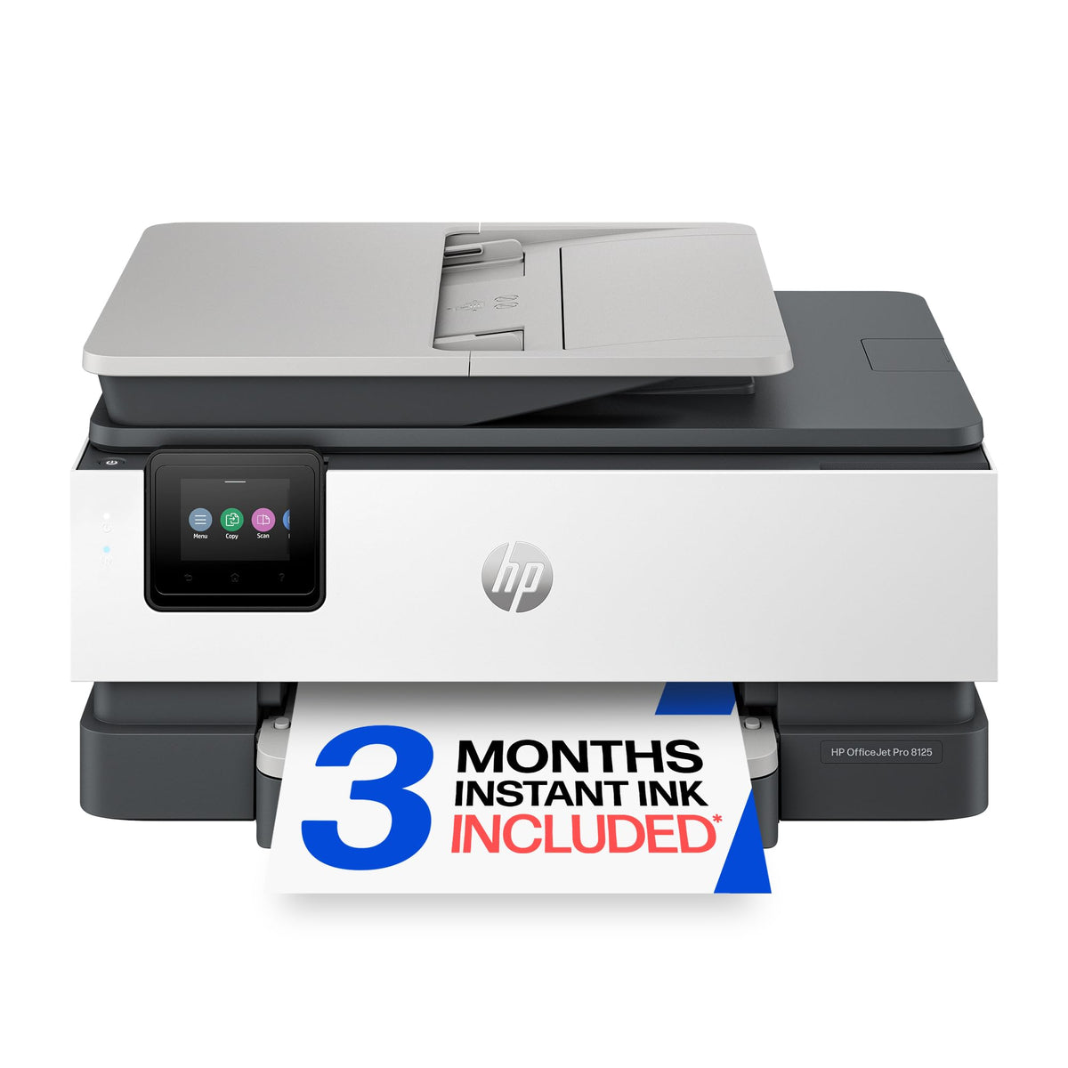 HP OfficeJet Pro 8125 vista frontal mostrando bandeja y panel