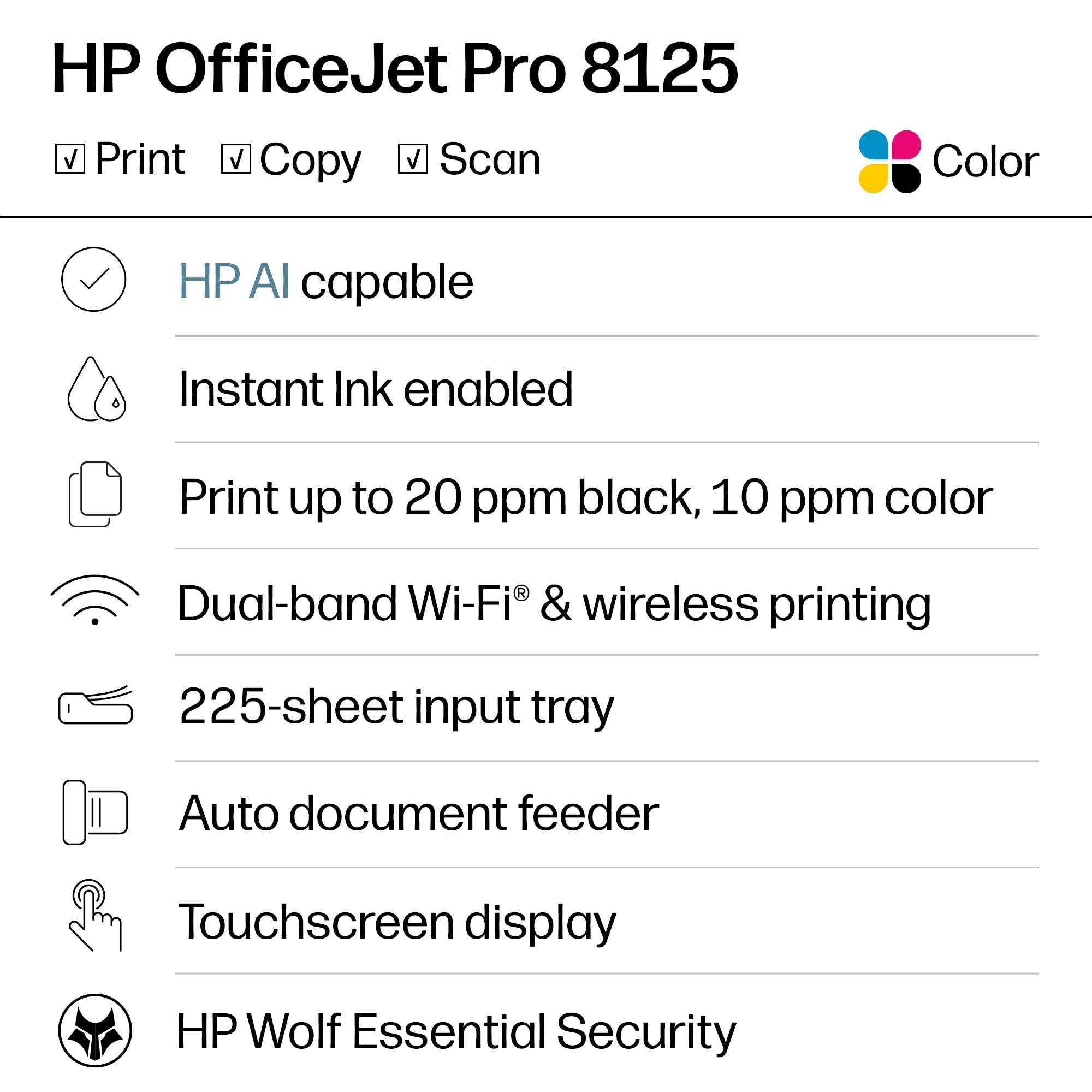 HP OfficeJet Pro 8125 pantalla táctil mostrando interfaz intuitiva