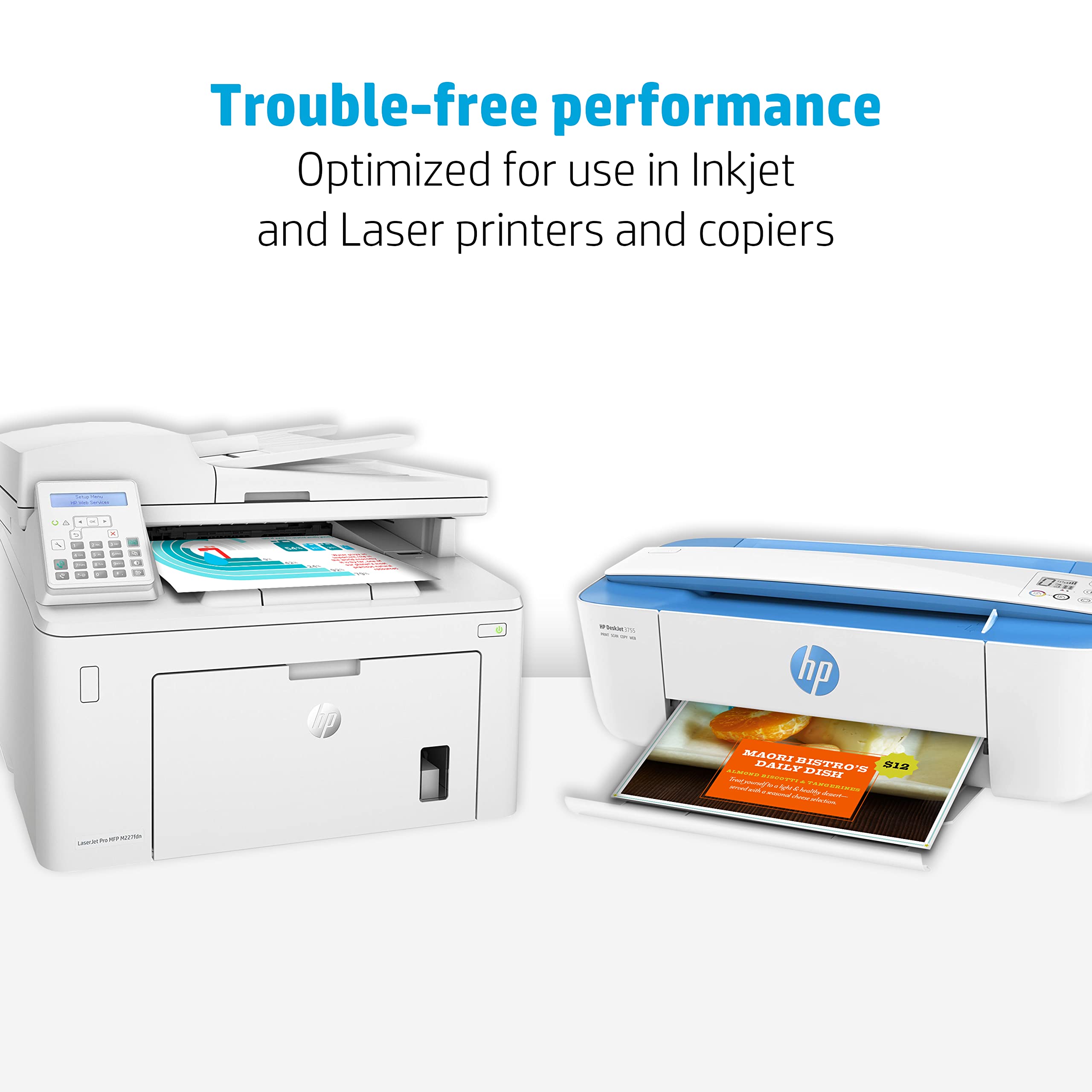 HP premium32 sheets in printer tray reducing jams and ensuring consistent feeds