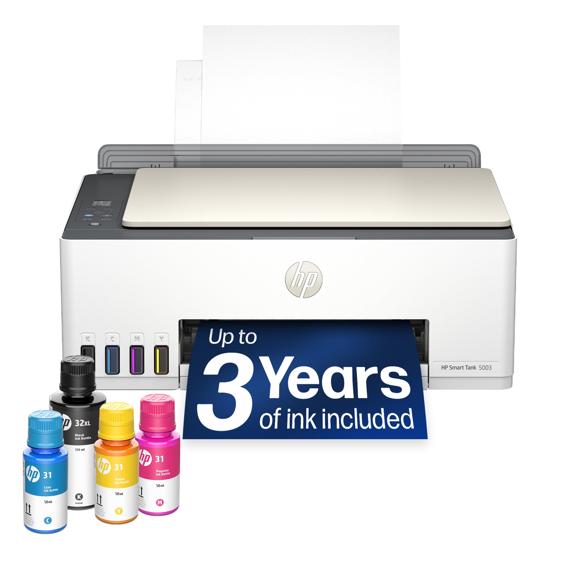 HP Smart Tank 5003 vista frontal mostrando bandeja y diseño compacto, ahorro directo
