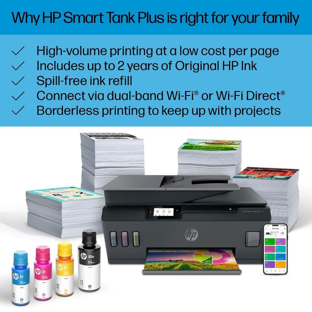 HP Smart Tank Plus 570 in home office setting showing wireless printing convenience
