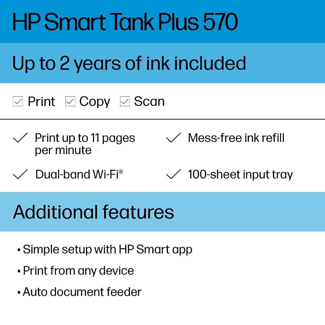 HP Smart Tank Plus 570 refill bottle connected to tank demonstrating mess-free refill