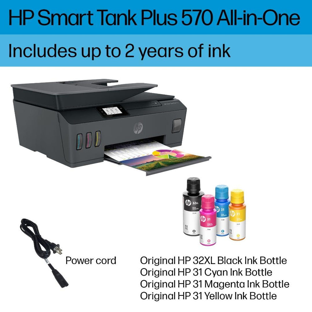 HP Smart Tank Plus 570 scanner lid open showing flatbed for copying and scanning