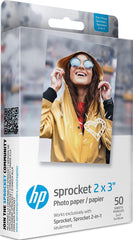 HP Sprocket front packaging showing 50-sheet pack and brand benefit