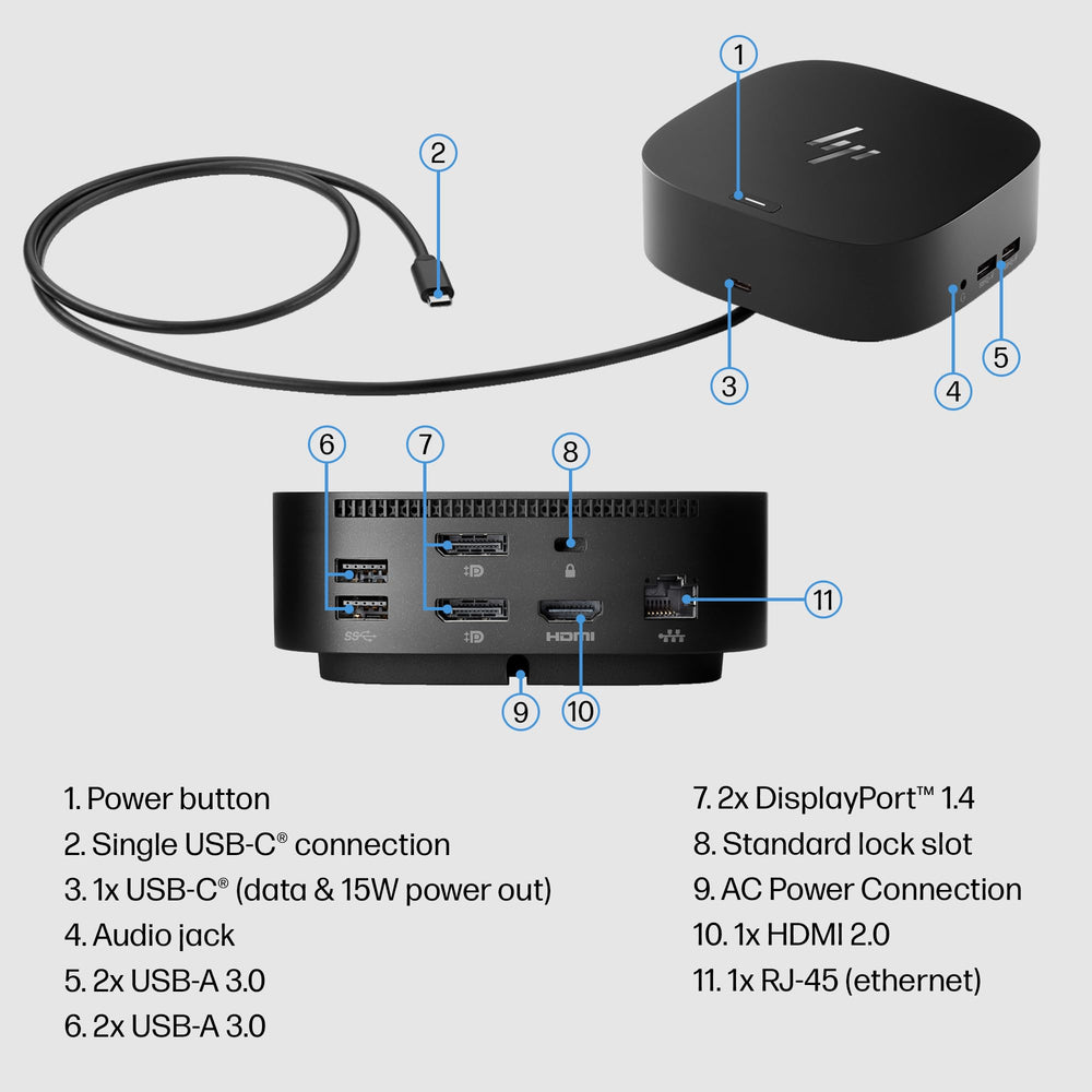 HP USB-C Dock G5 with headset plugged into audio jack for clear voice and media