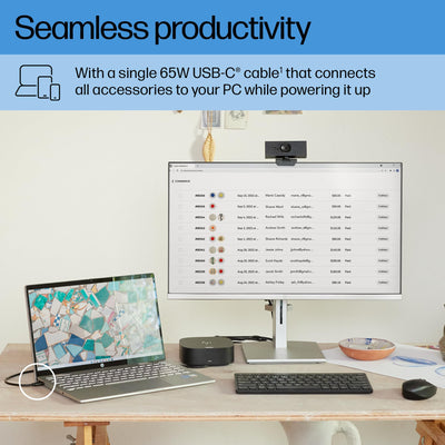 HP USB-C Dock G5 on a desk illustrating its 5 by 5 inch compact footprint advantage