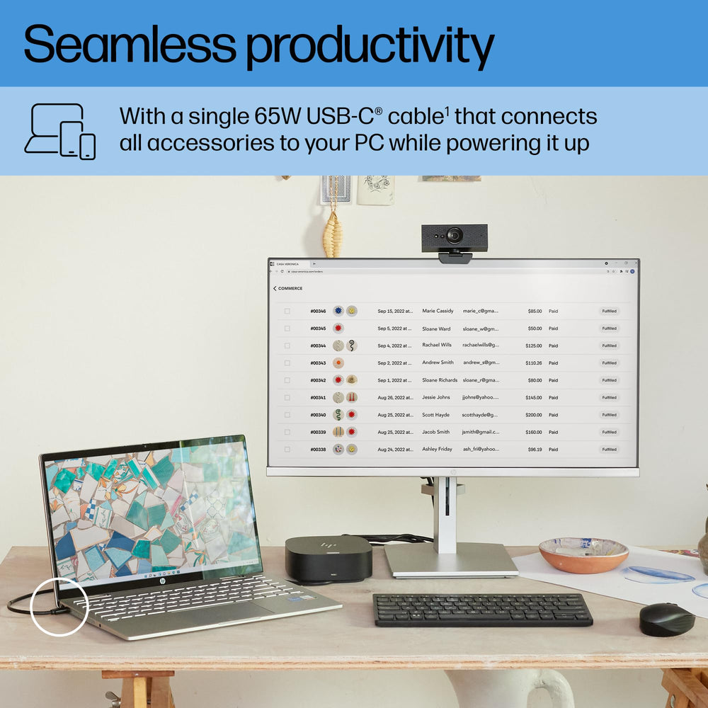 HP USB-C Dock G5 on a desk illustrating its 5 by 5 inch compact footprint advantage