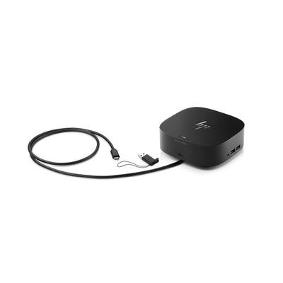 HP USB-C Dock G5 in a home office lifestyle scene showing organized cable-free setup