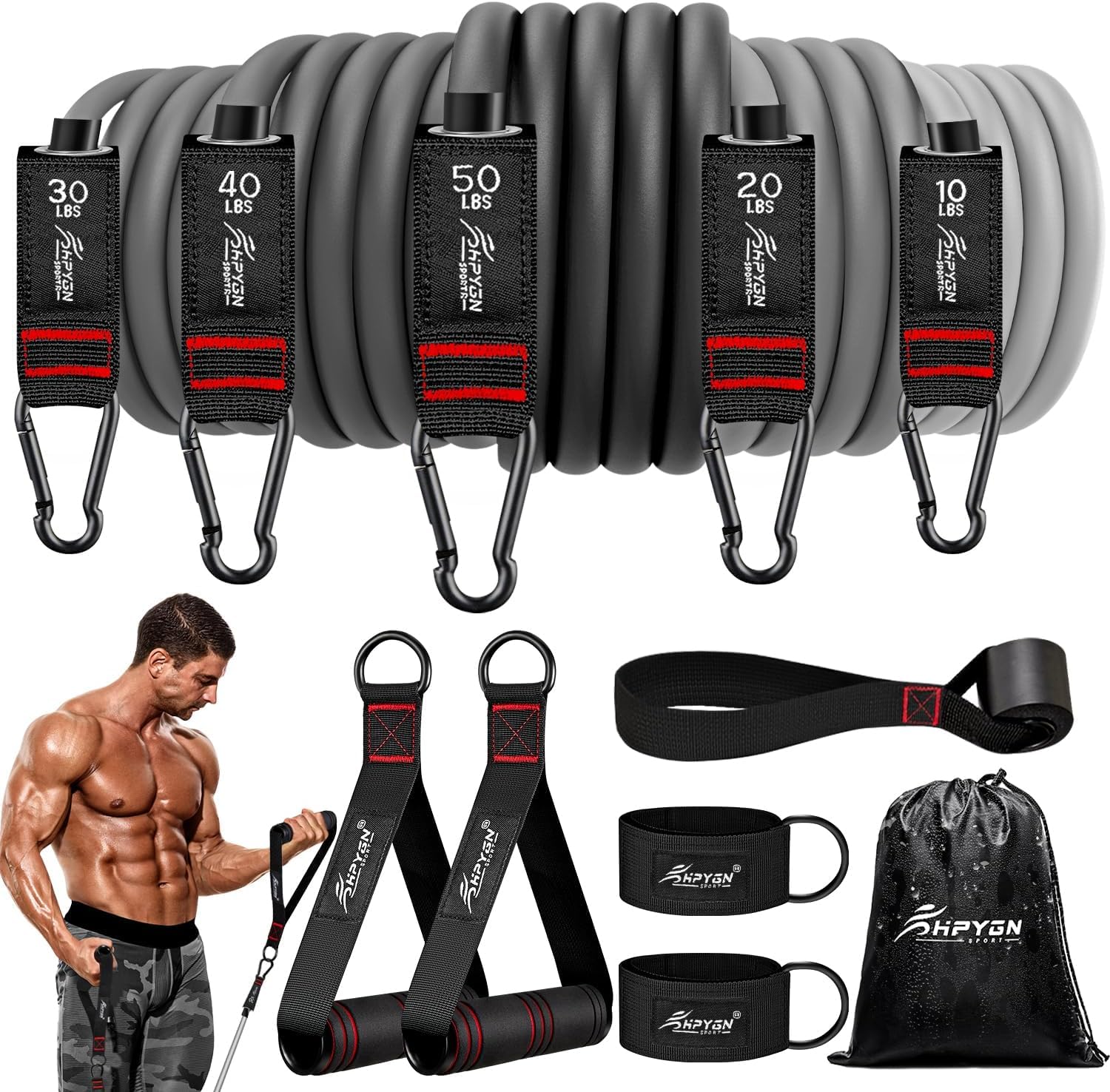 HPYGN set completo frontal mostrando bandas y accesorios, ideal para entrenar